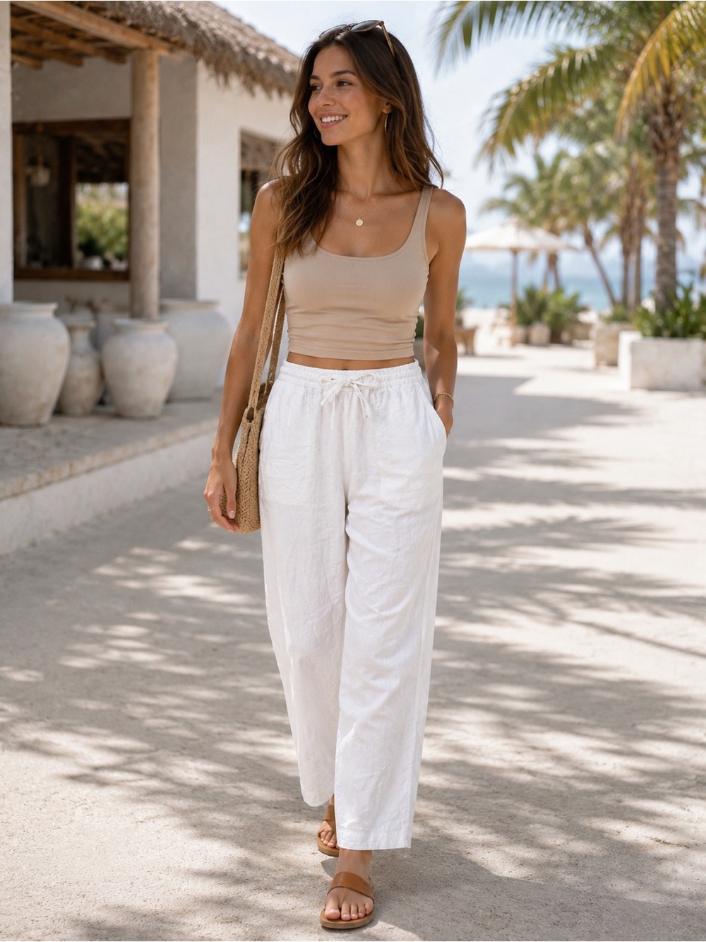 Per Se Linen Rayon Blend White Pull On Pants Size Large Elastic Waist